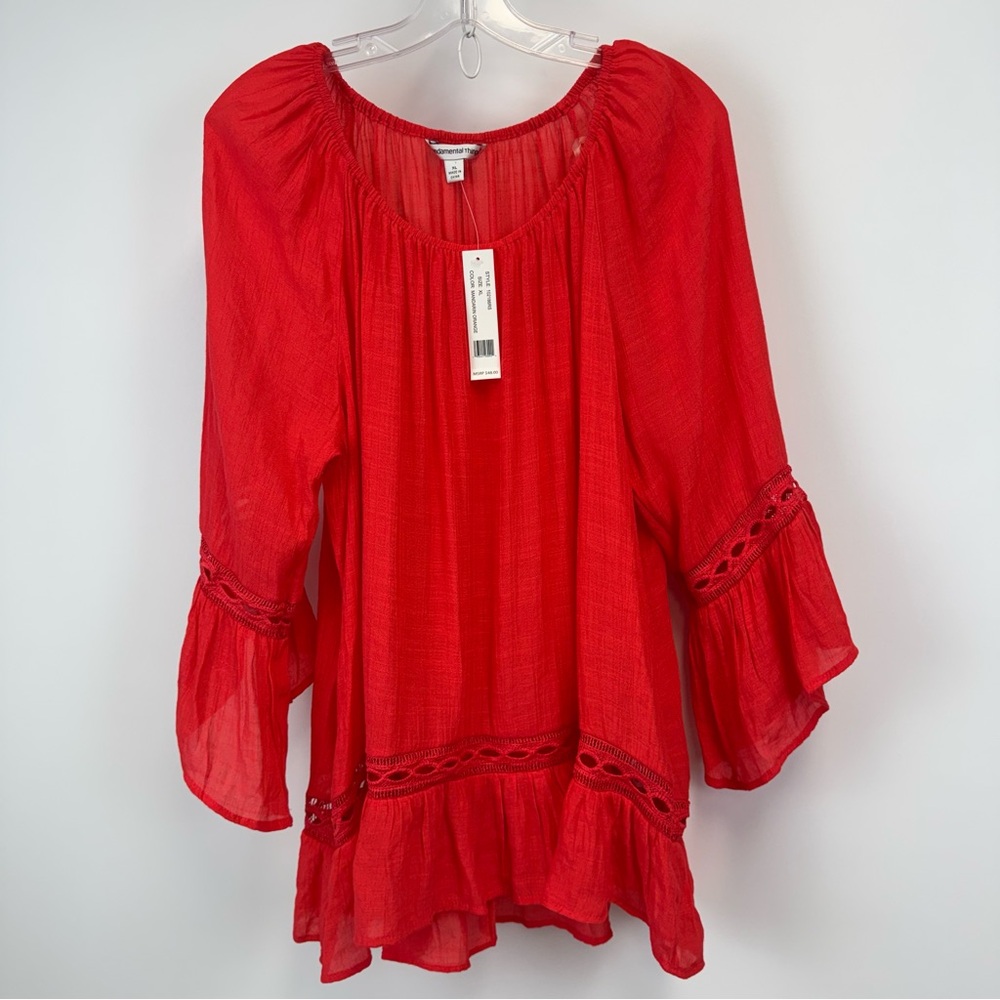 Fundamental Things Mandarin Orange Boho Bell Sleeves Flowy Top Size XL NWT